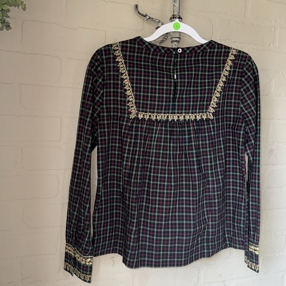 J.Crew Women's Plaid Gold Embroidered Peasant Woven Top XS NEW H3478 Holiday - Picture 7 of 9